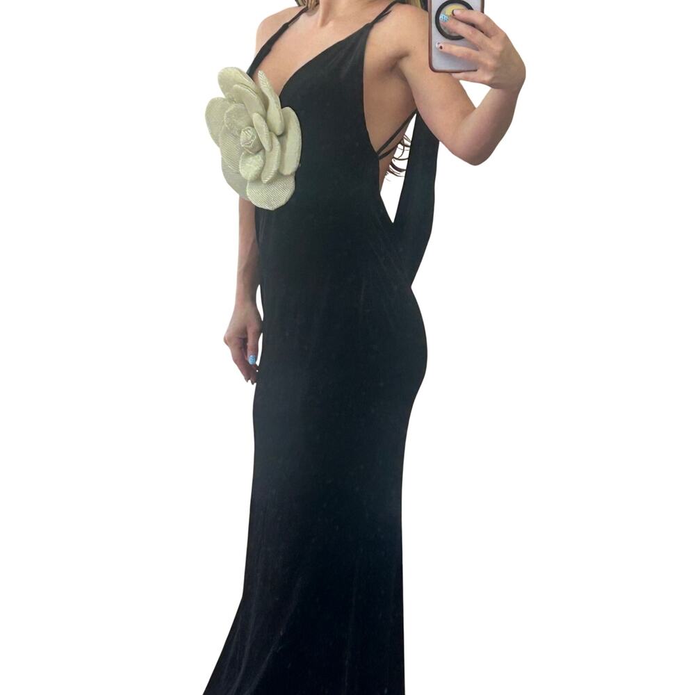 Innovare Denim Black Velvet Maxi Dress XS NWT Oversized Gold Flower Cowl Back